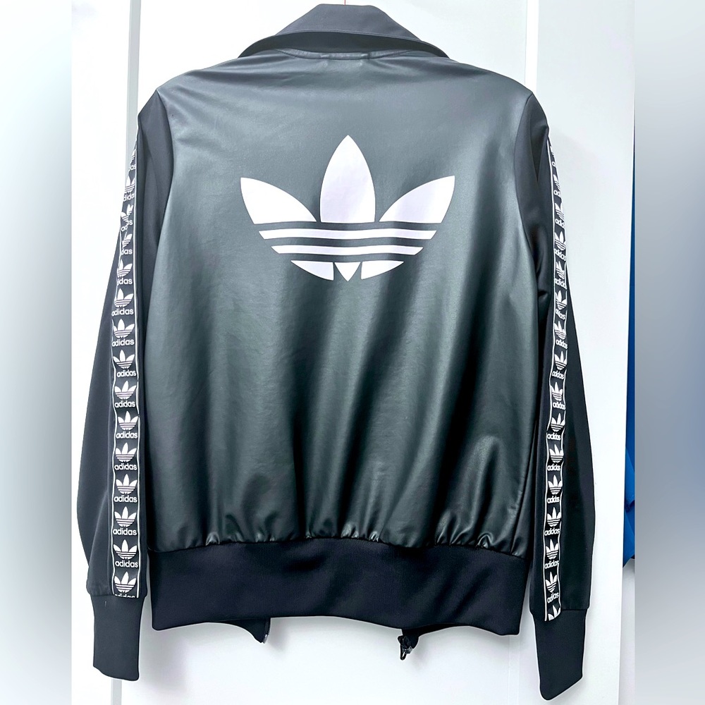 Adidas zippered faux leather tracksuit jacket